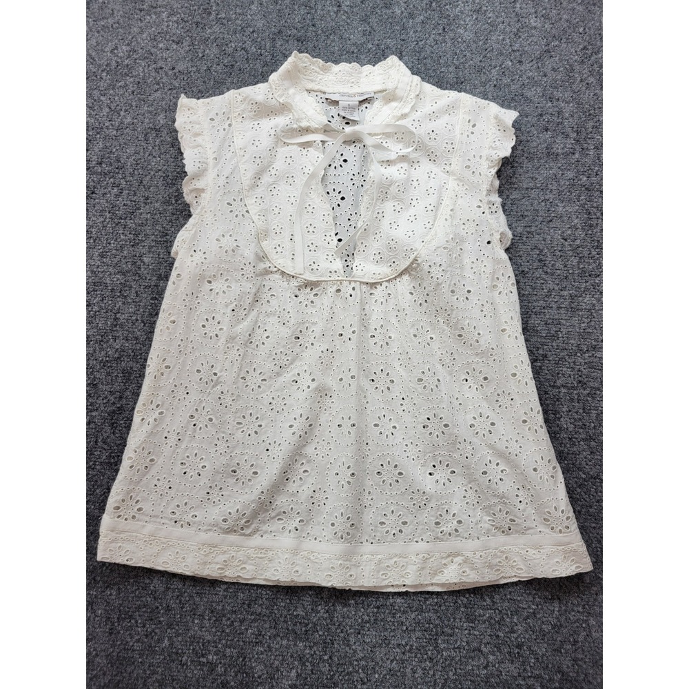 Chelsea & Theodore White Eyelet Cotton Sleeveless Blouse Ruffle Neck Small